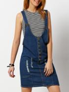 Romwe Ripped Denim Pinafore Dress With Single Breasted