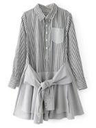 Romwe Contrast Hem Knot Front Vertical Striped Shirt Dress