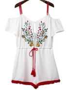 Romwe White Embroidery Cold Shoulder Drawstring Romper