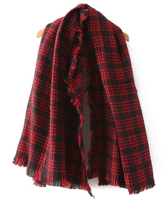 Romwe Check Print Tassel Red Scarf