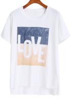 Romwe White Short Sleeve Love Print Dip Hem T-shirt