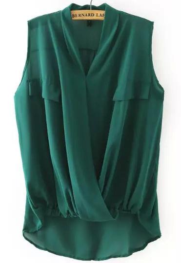 Romwe Green V Neck Cross Front Dip Hem Blouse