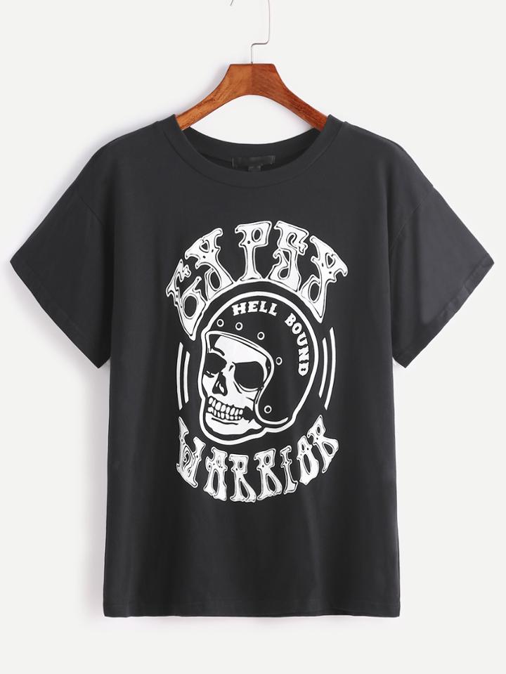 Romwe Black Skull And Letter Print T-shirt