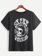 Romwe Black Skull And Letter Print T-shirt