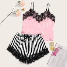 Romwe Eyelash Lace Satin Cami With Striped Shorts