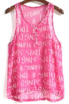 Romwe Buttons Letters Print Chiffon Rose Red Vest