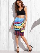 Romwe Multicolor Painting Print Slit Pencil Skirt
