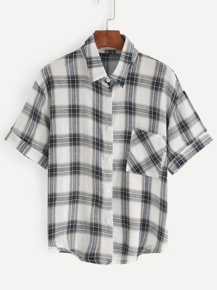 Romwe Black Plaid Pocket Front Roll Sleeve Blouse
