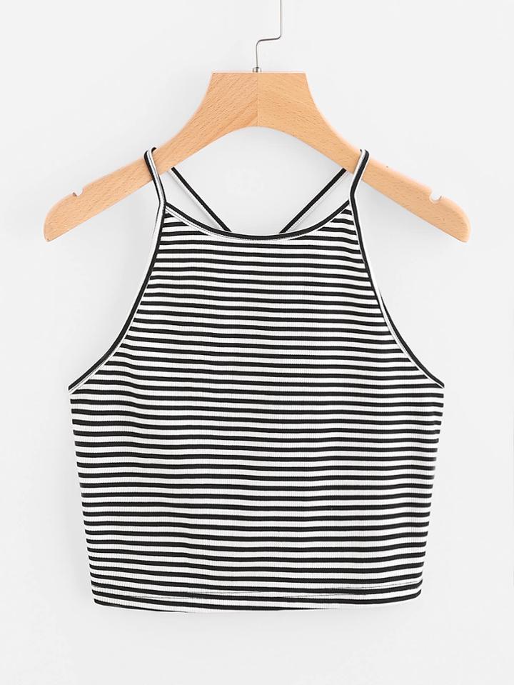 Romwe Striped Y Back Crop Cami Top