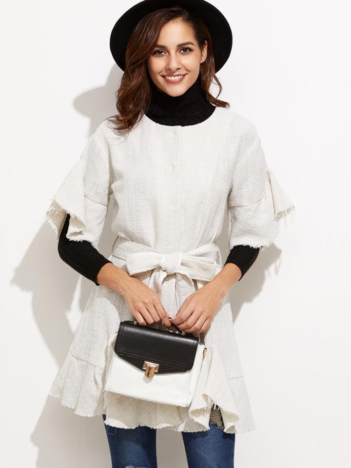 Romwe White Frayed Trim Belted Tweed Coat