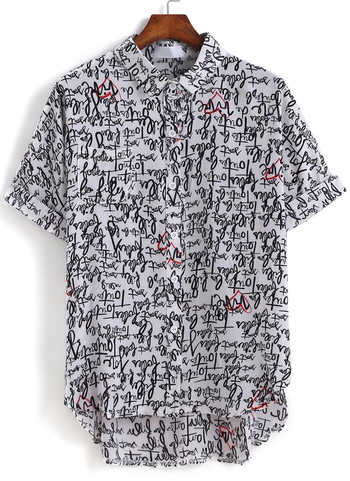 Romwe Lapel Letter Print White Blouse