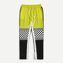 Romwe Guys Contrast Checkerboard Print Drawstring Waist Pants