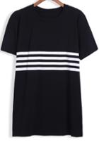 Romwe Round Neck Striped Black T-shirt