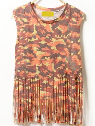Romwe Fringe Orange Camouflage Sleeveless Top