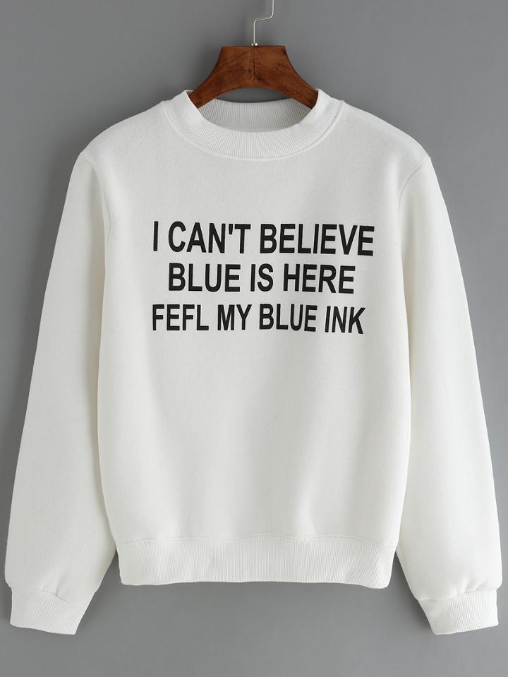 Romwe Crew Neck Letter Print White Sweatshirt