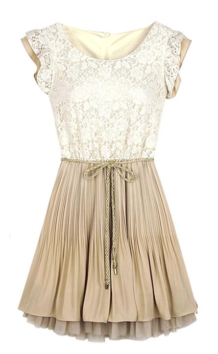 Romwe Lace Frill Sleeve Belt Chiffon Pleated Dress