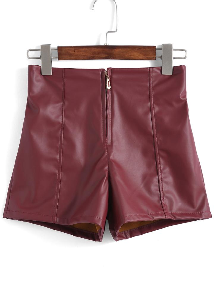 Romwe Elastic Waist Zipper Pu Shorts