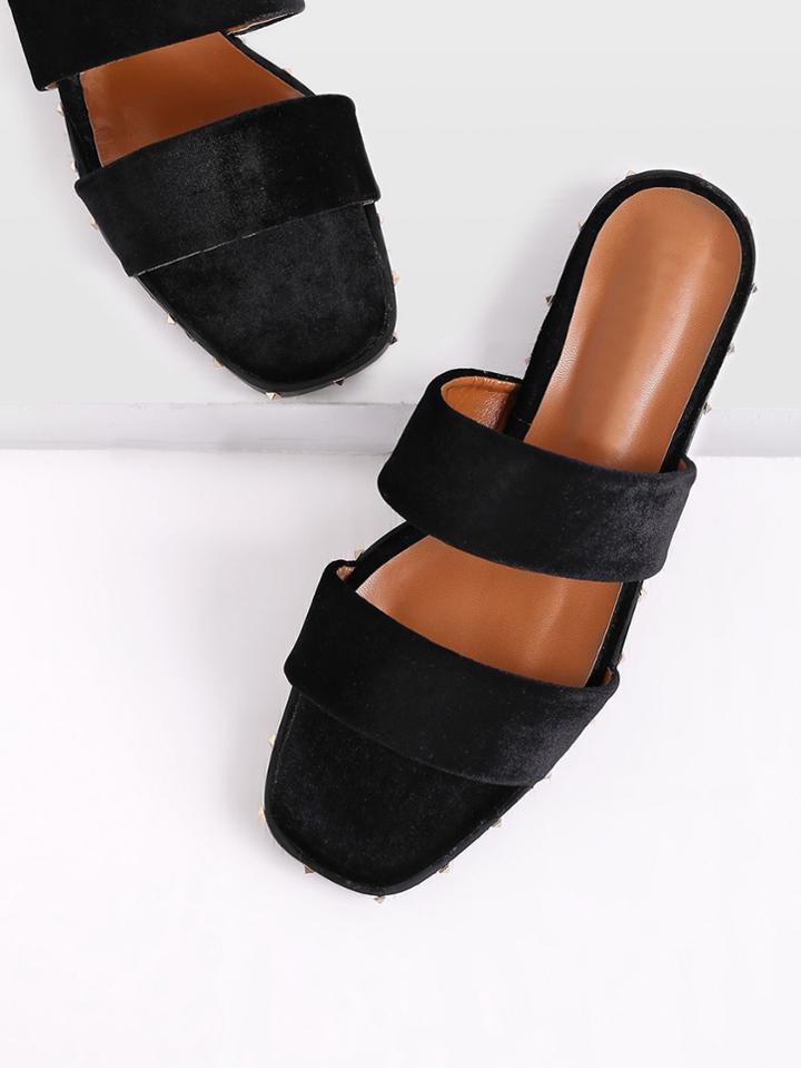 Romwe Rockstud Detail Velvet Flat Sandals
