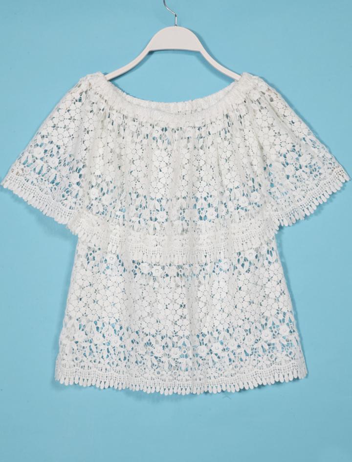 Romwe Embroidery Flower Lace Layered Off The Shoulder Top