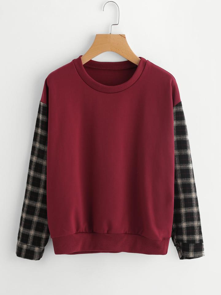 Romwe Contrast Checked Sleeve Sweatshirt