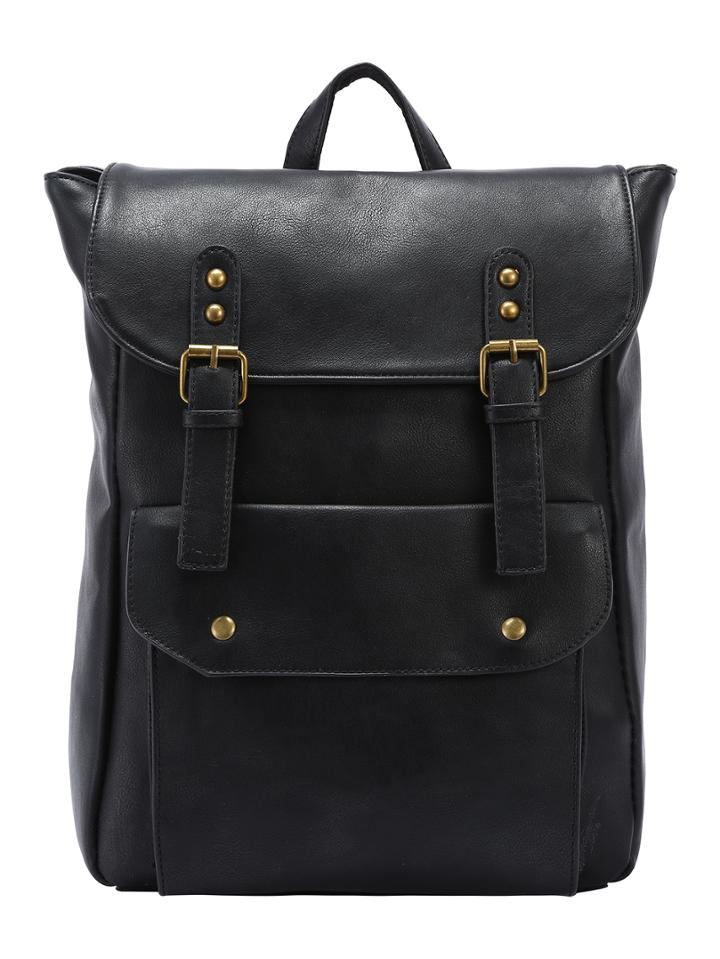 Romwe Faux Leather Double Buckle Strap Backpack - Black
