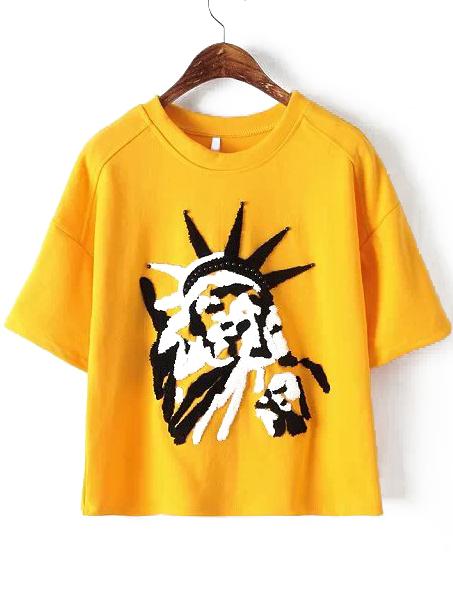 Romwe With Bead Statue Of Liberty Pattern Yellow T-shirt