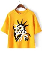 Romwe With Bead Statue Of Liberty Pattern Yellow T-shirt