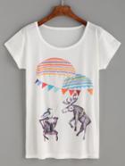 Romwe White Parachuting Animal Print T-shirt