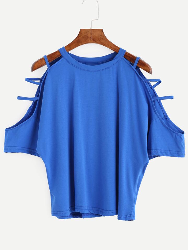 Romwe Blue Ladder Cut Cold Shoulder T-shirt
