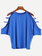 Romwe Blue Ladder Cut Cold Shoulder T-shirt