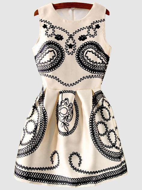 Romwe Beige Abstract Print Fit And Flare Dress
