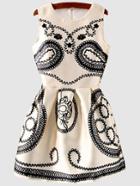 Romwe Beige Abstract Print Fit And Flare Dress