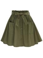 Romwe Olive Green Self Tie Button Front Circle Skirt