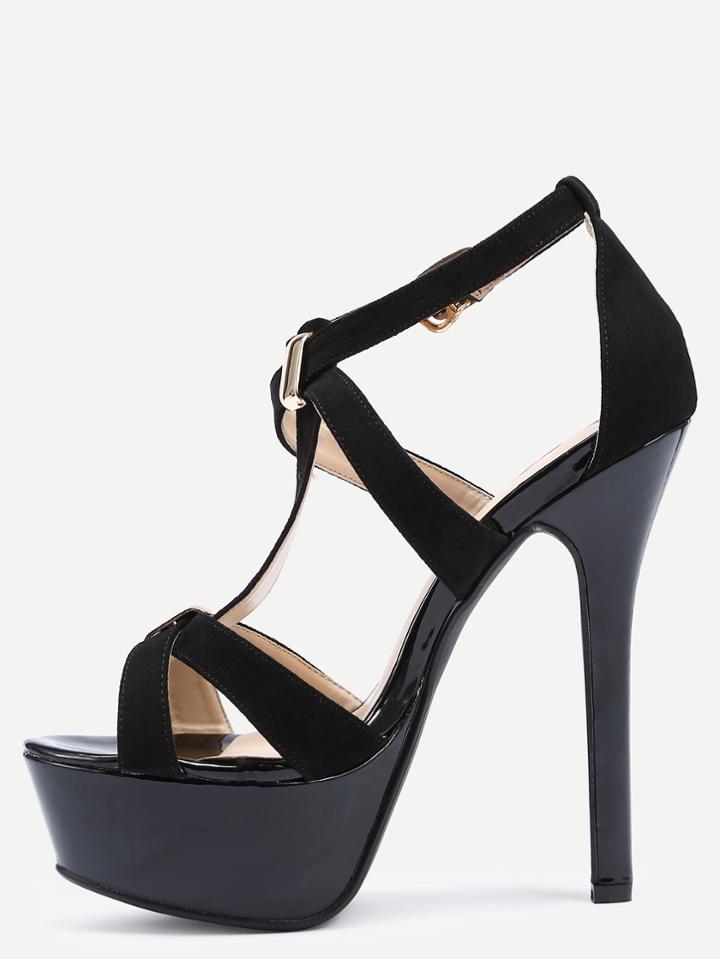 Romwe Faux Black Suede Strappy Platform High Heel Sandals