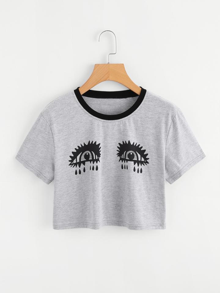 Romwe Eyes Print Marled Crop Tee