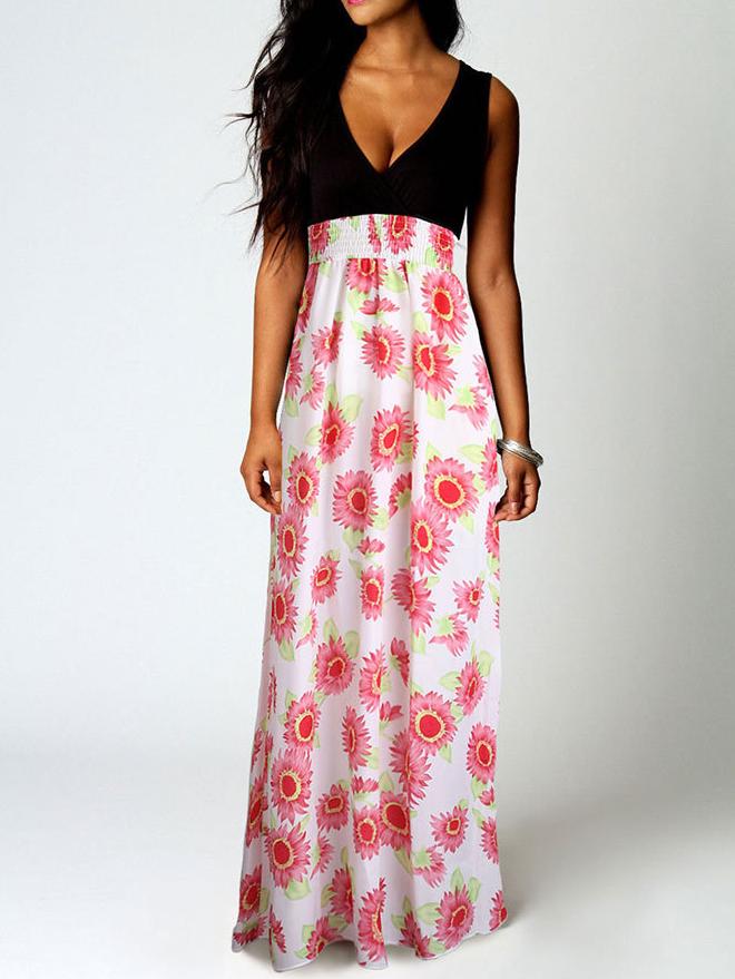 Romwe Deep Plunge Neck Sunflowers Print Maxi Dress