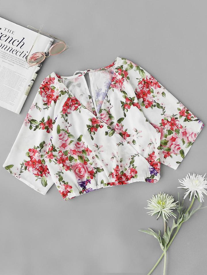 Romwe Floral Print Random Split Tie Back Surplice Blouse