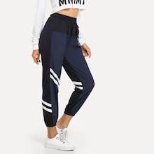 Romwe Drawstring Waist Striped Panel Colorblock Pants
