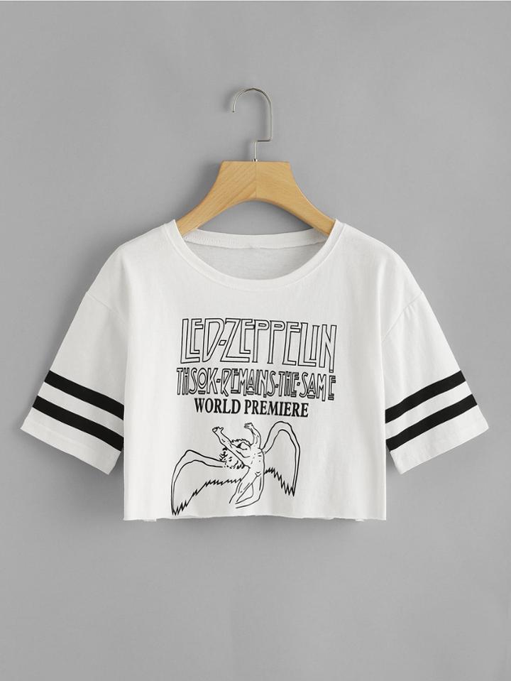 Romwe Graphic Print Varsity Striped Tee