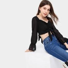 Romwe Flounce Sleeve Drawstring Detail Crop Chiffon Blouse