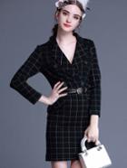 Romwe Black V Neck Long Sleeve Check Print Drawstring Pockets Dress
