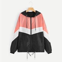 Romwe Plus Color-block Zip-up Hooded Windbreaker Jacket