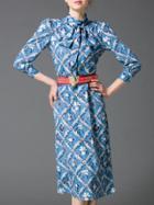 Romwe Blue Round Neck Bow-tie Length Sleeve Drawstring Print Dress