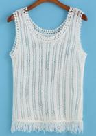 Romwe With Tassel Hollow Knit White Tank Top