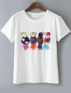 Romwe Bird Embroidered White T-shirt