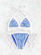 Romwe Paisley Print Side Tie Crochet Bikini Set