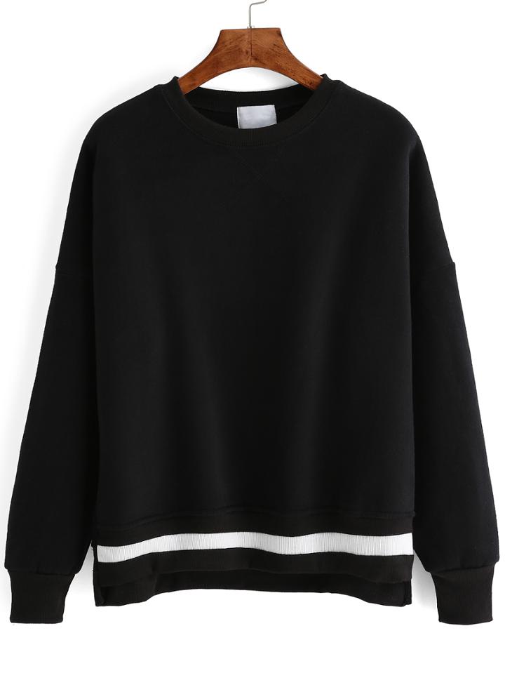 Romwe Dropped Shoulder Seam Striped Dip Hem Sweatshirt
