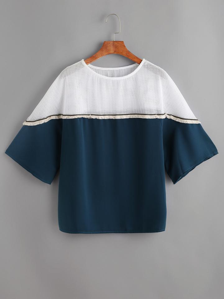 Romwe Color Block Contrast Organza Mesh Tassle Trim Blouse