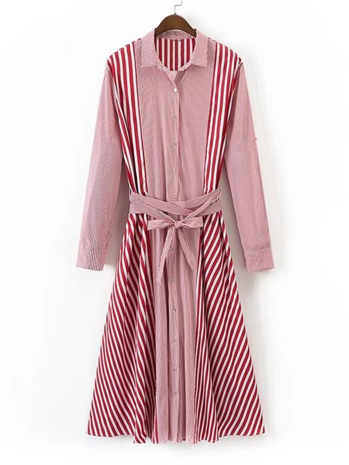 Romwe Self Tie A Line Striped Shirt Dress
