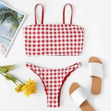 Romwe Cami Gingham Print Top With High Leg Bikini Set